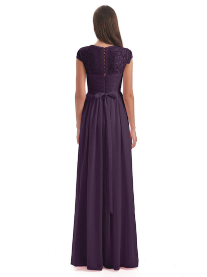 Yamileth A-line Floor Length Cap Sleeves Illusion Neckline Lace/Chiffon Long Bridesmaid Dresses