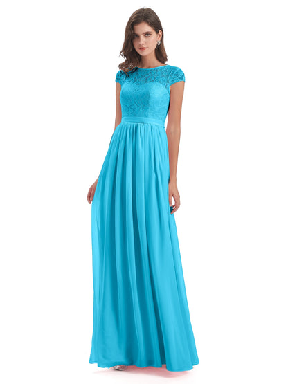 Yamileth A-line Floor Length Cap Sleeves Illusion Neckline Lace/Chiffon Long Bridesmaid Dresses