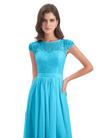 Yamileth A-line Floor Length Cap Sleeves Illusion Neckline Lace/Chiffon Long Bridesmaid Dresses