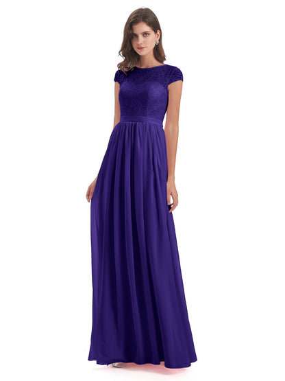 Yamileth A-line Floor Length Cap Sleeves Illusion Neckline Lace/Chiffon Long Bridesmaid Dresses