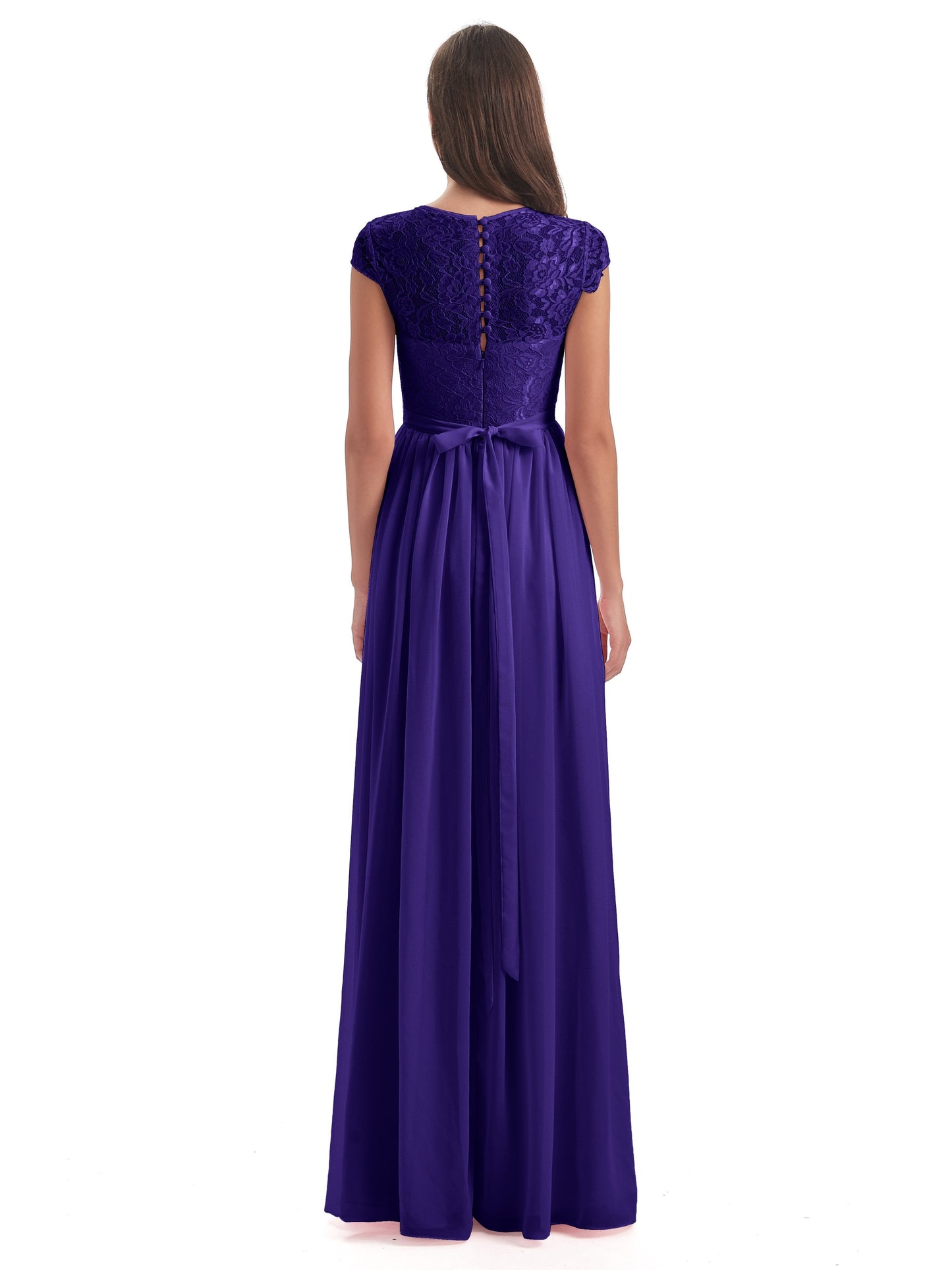 Yamileth A-line Floor Length Cap Sleeves Illusion Neckline Lace/Chiffon Long Bridesmaid Dresses