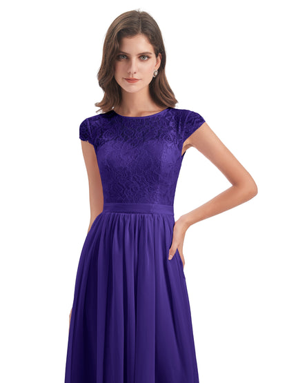 Yamileth A-line Floor Length Cap Sleeves Illusion Neckline Lace/Chiffon Long Bridesmaid Dresses