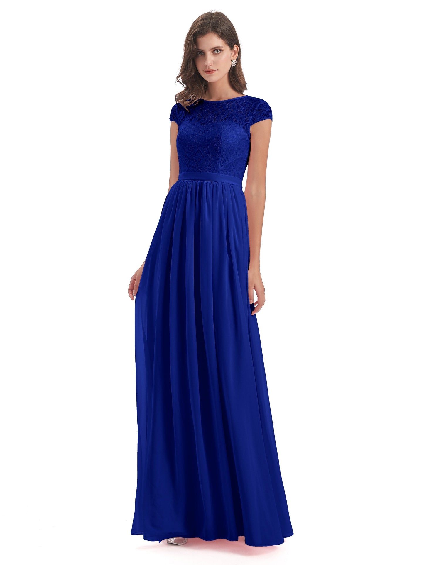Yamileth A-line Floor Length Cap Sleeves Illusion Neckline Lace/Chiffon Long Bridesmaid Dresses