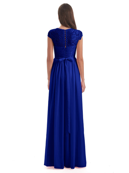 Yamileth A-line Floor Length Cap Sleeves Illusion Neckline Lace/Chiffon Long Bridesmaid Dresses