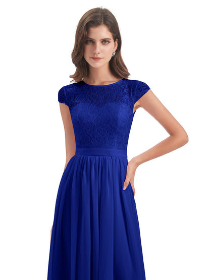 Yamileth A-line Floor Length Cap Sleeves Illusion Neckline Lace/Chiffon Long Bridesmaid Dresses