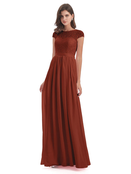 Yamileth A-line Floor Length Cap Sleeves Illusion Neckline Lace/Chiffon Long Bridesmaid Dresses
