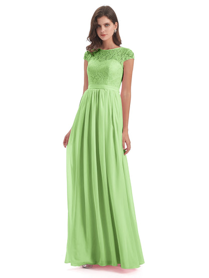 Yamileth A-line Floor Length Cap Sleeves Illusion Neckline Lace/Chiffon Long Bridesmaid Dresses