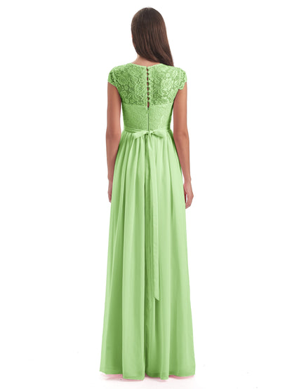 Yamileth A-line Floor Length Cap Sleeves Illusion Neckline Lace/Chiffon Long Bridesmaid Dresses