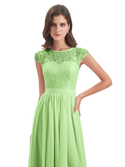 Yamileth A-line Floor Length Cap Sleeves Illusion Neckline Lace/Chiffon Long Bridesmaid Dresses