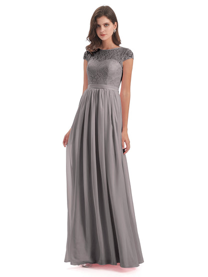 Yamileth A-line Floor Length Cap Sleeves Illusion Neckline Lace/Chiffon Long Bridesmaid Dresses