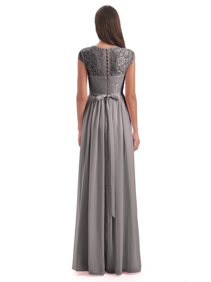 Yamileth A-line Floor Length Cap Sleeves Illusion Neckline Lace/Chiffon Long Bridesmaid Dresses