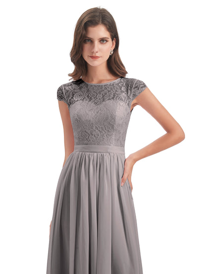 Yamileth A-line Floor Length Cap Sleeves Illusion Neckline Lace/Chiffon Long Bridesmaid Dresses