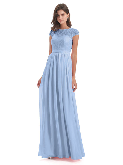 Yamileth A-line Floor Length Cap Sleeves Illusion Neckline Lace/Chiffon Long Bridesmaid Dresses