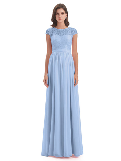 Yamileth A-line Floor Length Cap Sleeves Illusion Neckline Lace/Chiffon Long Bridesmaid Dresses