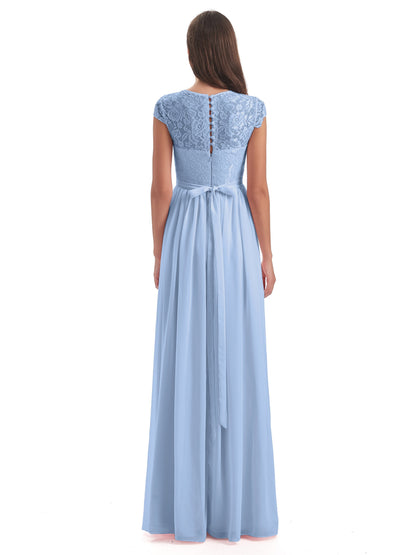 Yamileth A-line Floor Length Cap Sleeves Illusion Neckline Lace/Chiffon Long Bridesmaid Dresses