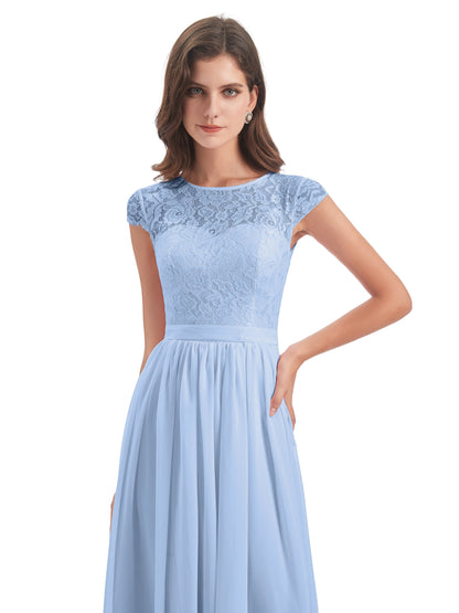 Yamileth A-line Floor Length Cap Sleeves Illusion Neckline Lace/Chiffon Long Bridesmaid Dresses