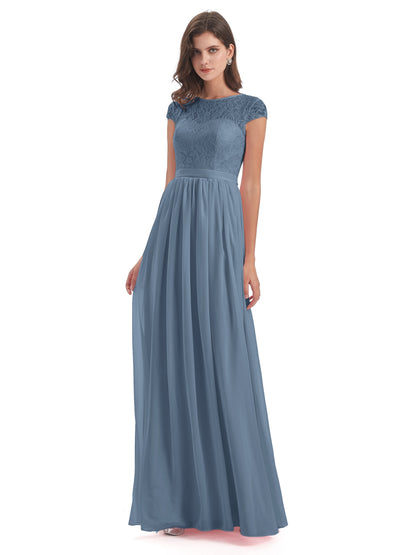 Yamileth A-line Floor Length Cap Sleeves Illusion Neckline Lace/Chiffon Long Bridesmaid Dresses