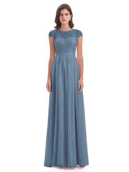 Yamileth A-line Floor Length Cap Sleeves Illusion Neckline Lace/Chiffon Long Bridesmaid Dresses