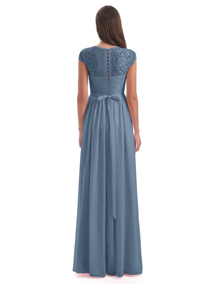Yamileth A-line Floor Length Cap Sleeves Illusion Neckline Lace/Chiffon Long Bridesmaid Dresses