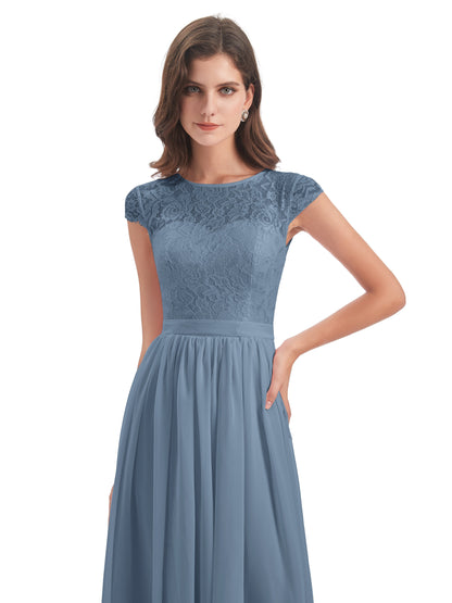 Yamileth A-line Floor Length Cap Sleeves Illusion Neckline Lace/Chiffon Long Bridesmaid Dresses
