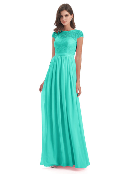 Yamileth A-line Floor Length Cap Sleeves Illusion Neckline Lace/Chiffon Long Bridesmaid Dresses