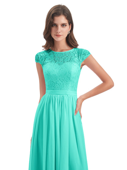 Yamileth A-line Floor Length Cap Sleeves Illusion Neckline Lace/Chiffon Long Bridesmaid Dresses