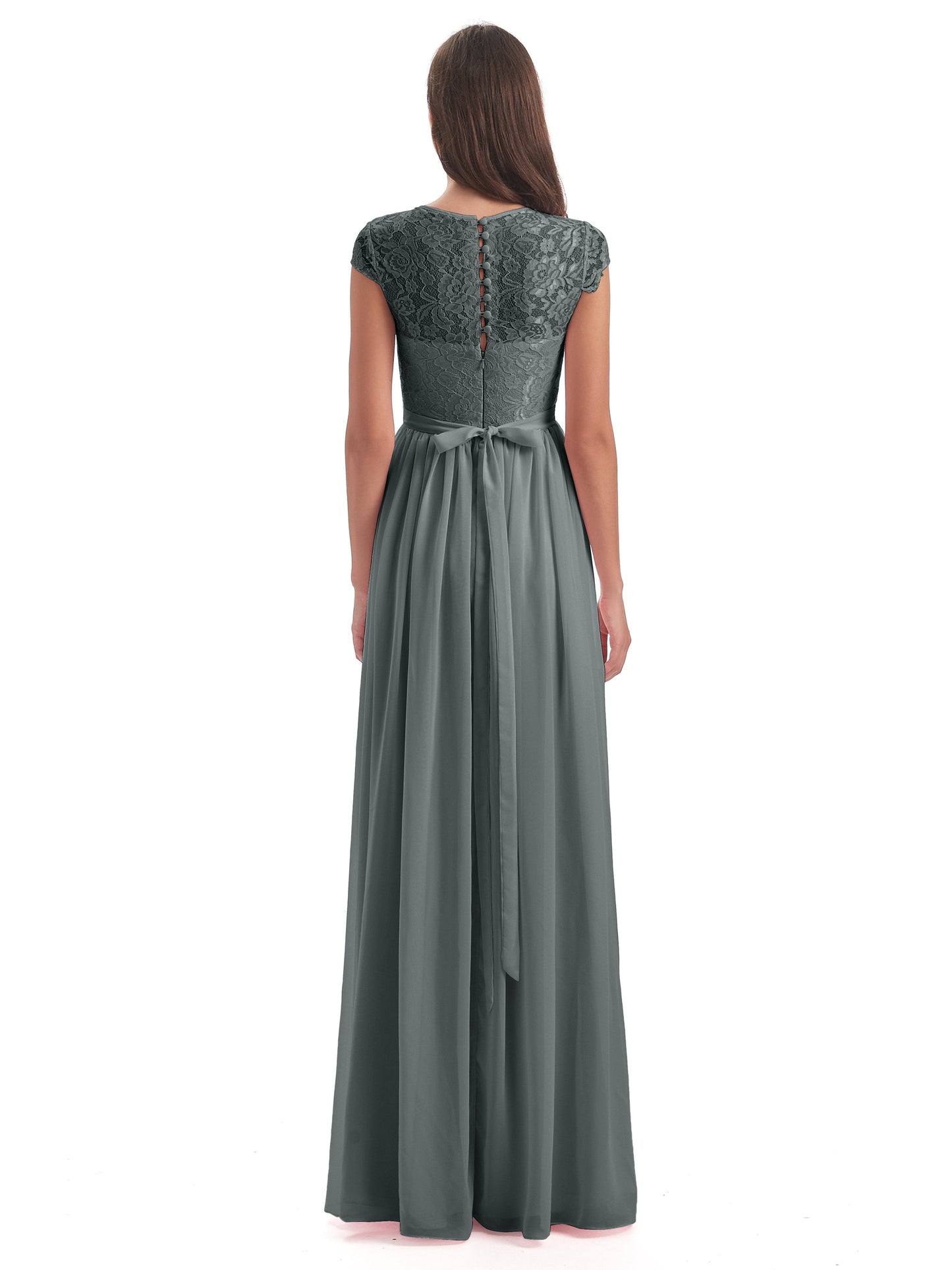 Yamileth A-line Floor Length Cap Sleeves Illusion Neckline Lace/Chiffon Long Bridesmaid Dresses