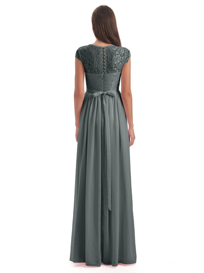 Yamileth A-line Floor Length Cap Sleeves Illusion Neckline Lace/Chiffon Long Bridesmaid Dresses