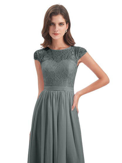 Yamileth A-line Floor Length Cap Sleeves Illusion Neckline Lace/Chiffon Long Bridesmaid Dresses