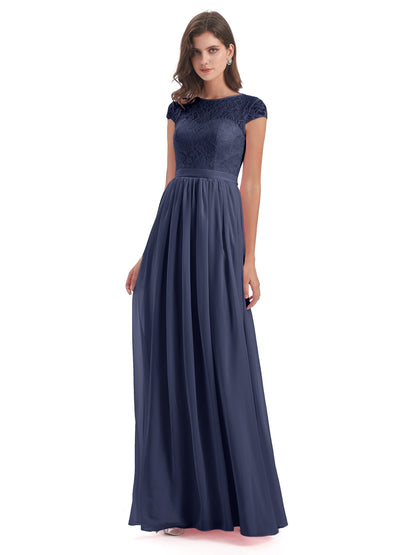 Yamileth A-line Floor Length Cap Sleeves Illusion Neckline Lace/Chiffon Long Bridesmaid Dresses