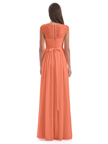 Yamileth A-line Floor Length Cap Sleeves Illusion Neckline Lace/Chiffon Long Bridesmaid Dresses