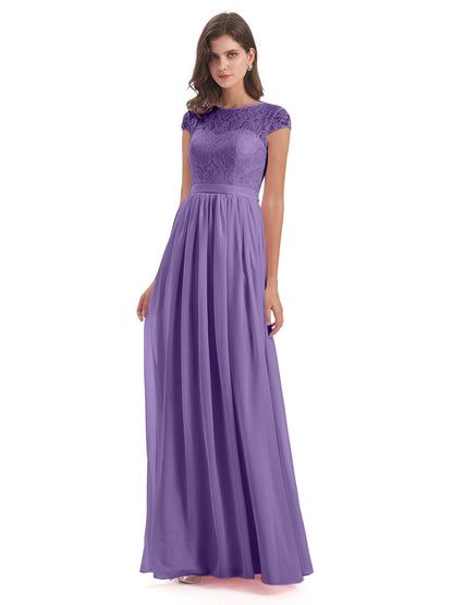Yamileth A-line Floor Length Cap Sleeves Illusion Neckline Lace/Chiffon Long Bridesmaid Dresses