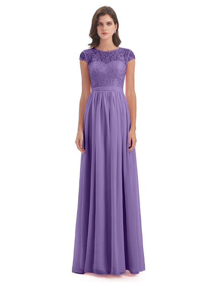 Yamileth A-line Floor Length Cap Sleeves Illusion Neckline Lace/Chiffon Long Bridesmaid Dresses