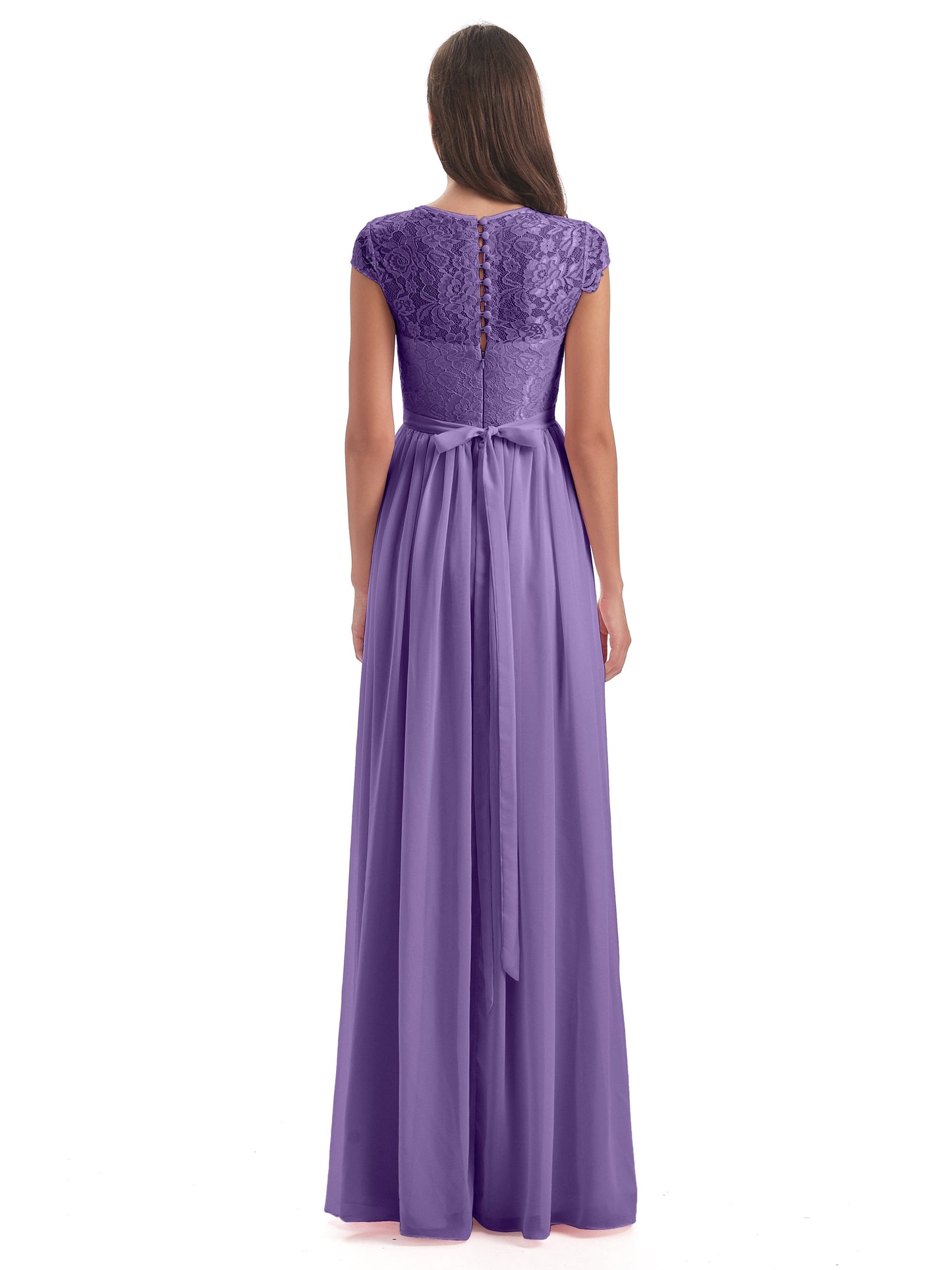 Yamileth A-line Floor Length Cap Sleeves Illusion Neckline Lace/Chiffon Long Bridesmaid Dresses
