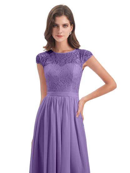 Yamileth A-line Floor Length Cap Sleeves Illusion Neckline Lace/Chiffon Long Bridesmaid Dresses