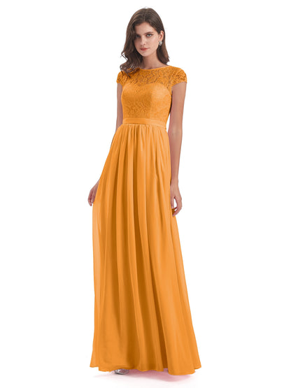 Yamileth A-line Floor Length Cap Sleeves Illusion Neckline Lace/Chiffon Long Bridesmaid Dresses
