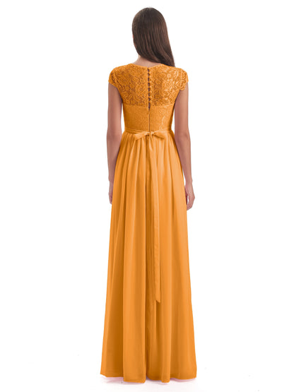 Yamileth A-line Floor Length Cap Sleeves Illusion Neckline Lace/Chiffon Long Bridesmaid Dresses