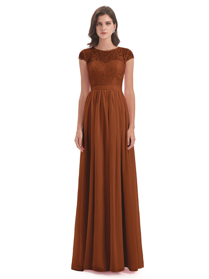 Yamileth A-line Floor Length Cap Sleeves Illusion Neckline Lace/Chiffon Long Bridesmaid Dresses