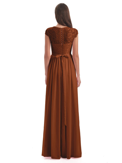 Yamileth A-line Floor Length Cap Sleeves Illusion Neckline Lace/Chiffon Long Bridesmaid Dresses