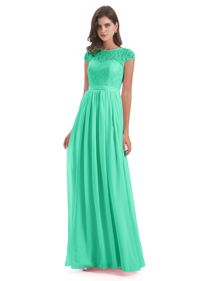 Yamileth A-line Floor Length Cap Sleeves Illusion Neckline Lace/Chiffon Long Bridesmaid Dresses