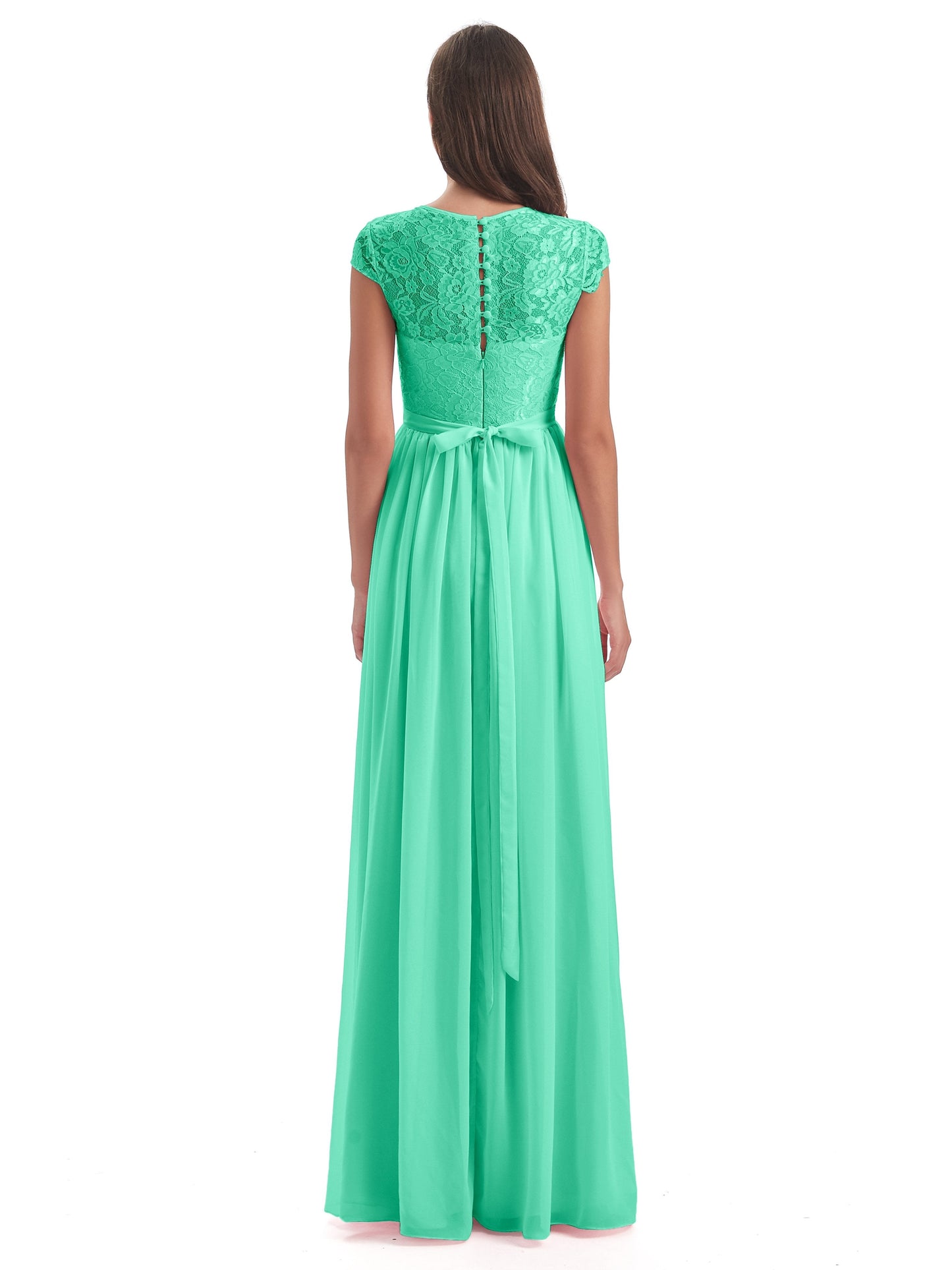 Yamileth A-line Floor Length Cap Sleeves Illusion Neckline Lace/Chiffon Long Bridesmaid Dresses