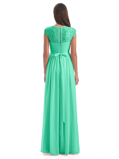 Yamileth A-line Floor Length Cap Sleeves Illusion Neckline Lace/Chiffon Long Bridesmaid Dresses