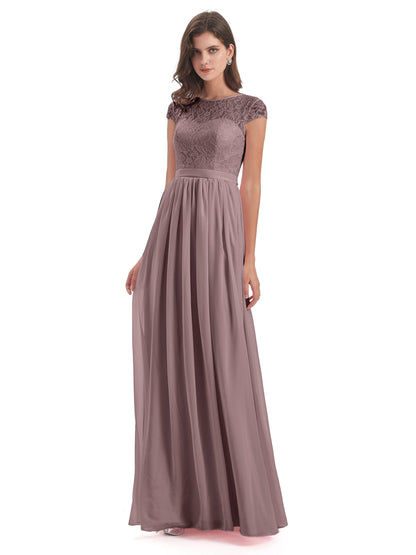 Yamileth A-line Floor Length Cap Sleeves Illusion Neckline Lace/Chiffon Long Bridesmaid Dresses