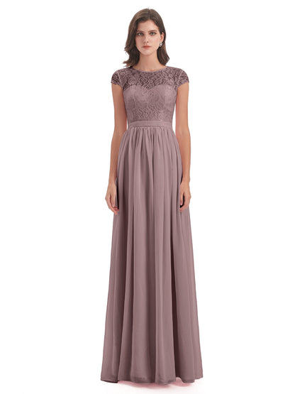 Yamileth A-line Floor Length Cap Sleeves Illusion Neckline Lace/Chiffon Long Bridesmaid Dresses