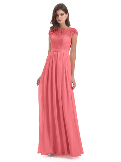 Yamileth A-line Floor Length Cap Sleeves Illusion Neckline Lace/Chiffon Long Bridesmaid Dresses