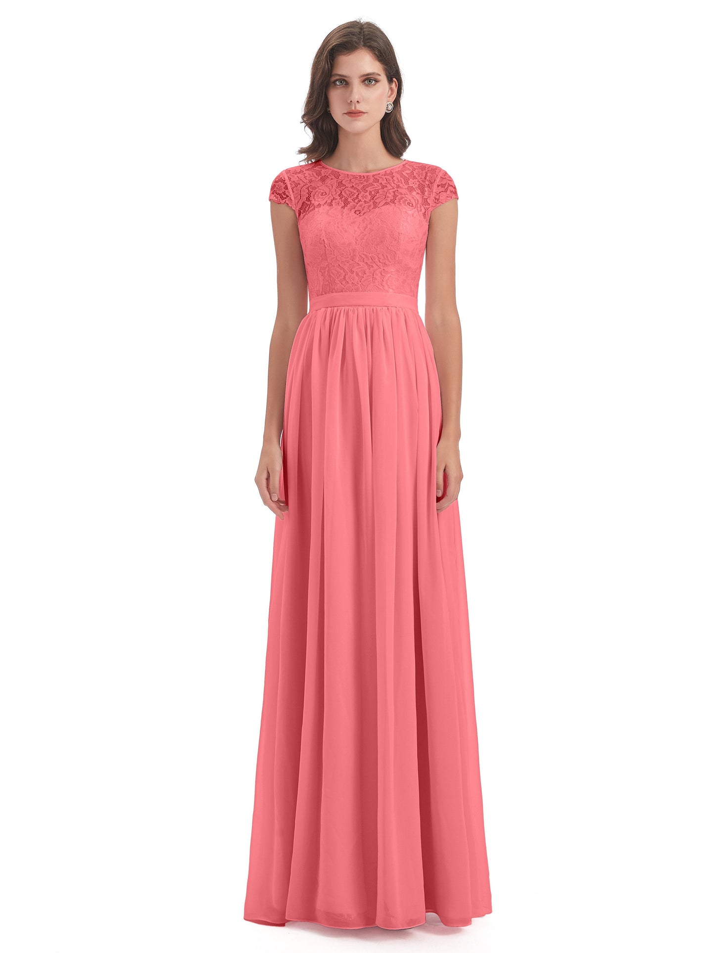 Yamileth A-line Floor Length Cap Sleeves Illusion Neckline Lace/Chiffon Long Bridesmaid Dresses