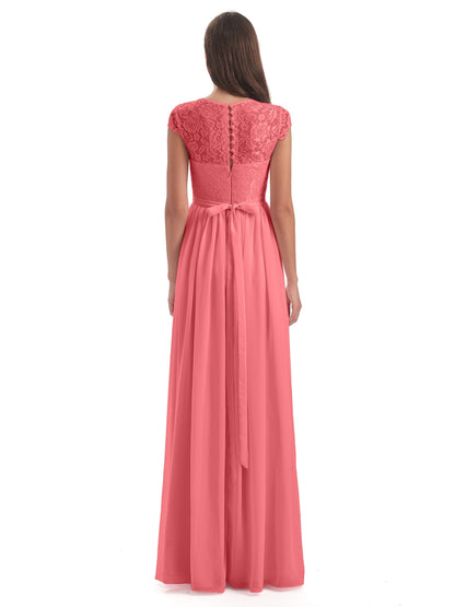 Yamileth A-line Floor Length Cap Sleeves Illusion Neckline Lace/Chiffon Long Bridesmaid Dresses