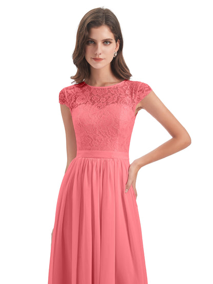 Yamileth A-line Floor Length Cap Sleeves Illusion Neckline Lace/Chiffon Long Bridesmaid Dresses