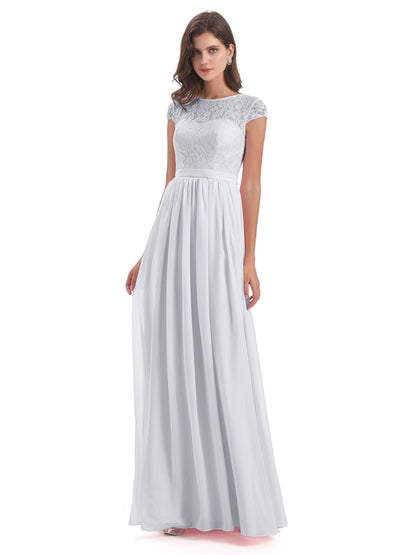 Yamileth A-line Floor Length Cap Sleeves Illusion Neckline Lace/Chiffon Long Bridesmaid Dresses