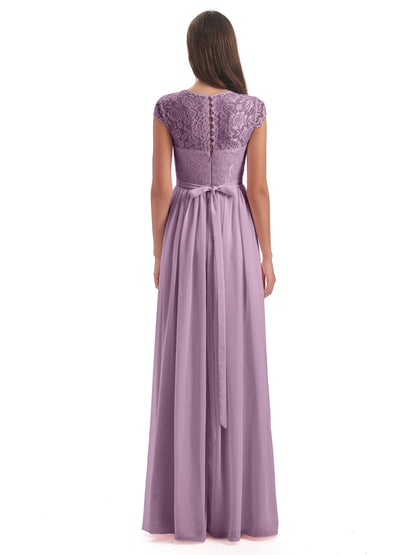 Yamileth A-line Floor Length Cap Sleeves Illusion Neckline Lace/Chiffon Long Bridesmaid Dresses